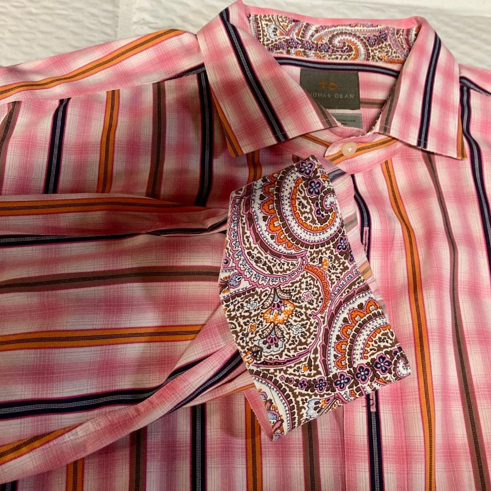 Thomas Dean Designer Dress Shirt,Paisley Flip Cuff, Striped,Long Slv,Mens XXL